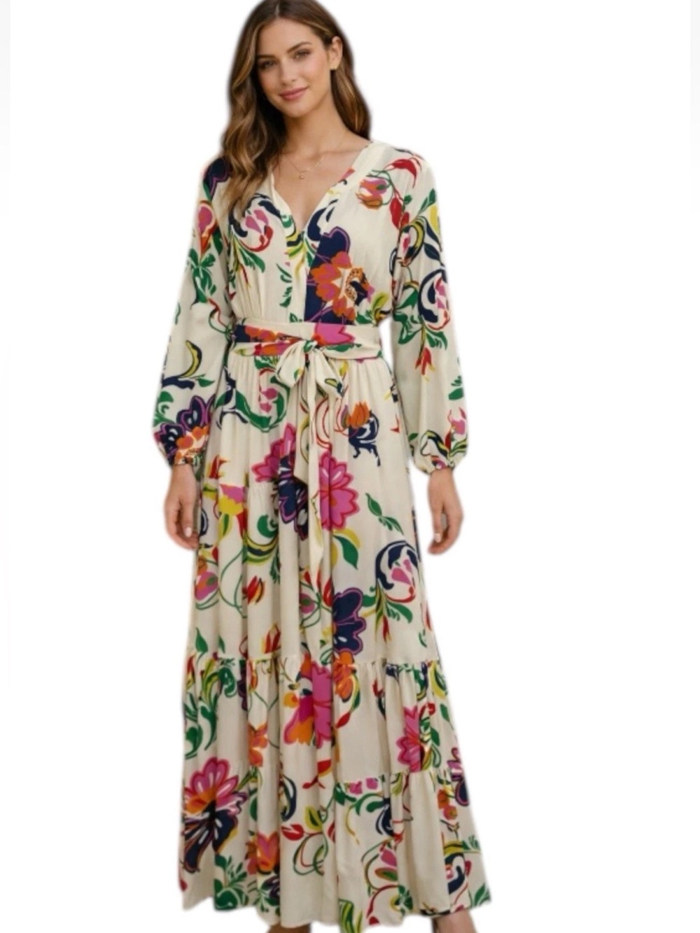 Premier Amour Floral Maxi Dress Long Sleeve Tie Waist Size 14